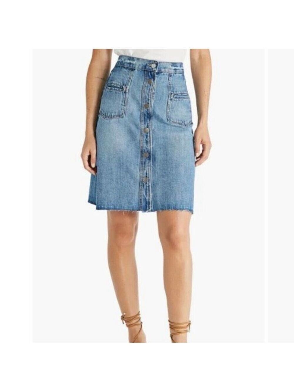 Etica Sophia Distressed Raw Hem Blue Denim Skirt Short Snap Front Women’s S